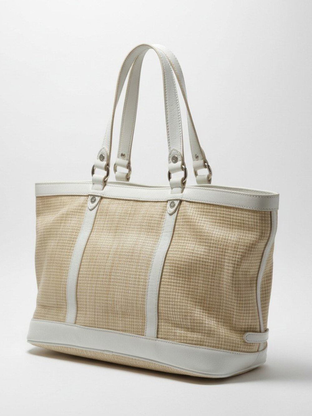 Cole Haan Raffia White Patent Leather Tote Floral Charm Summer Bag Beach GUC - Picture 2 of 15